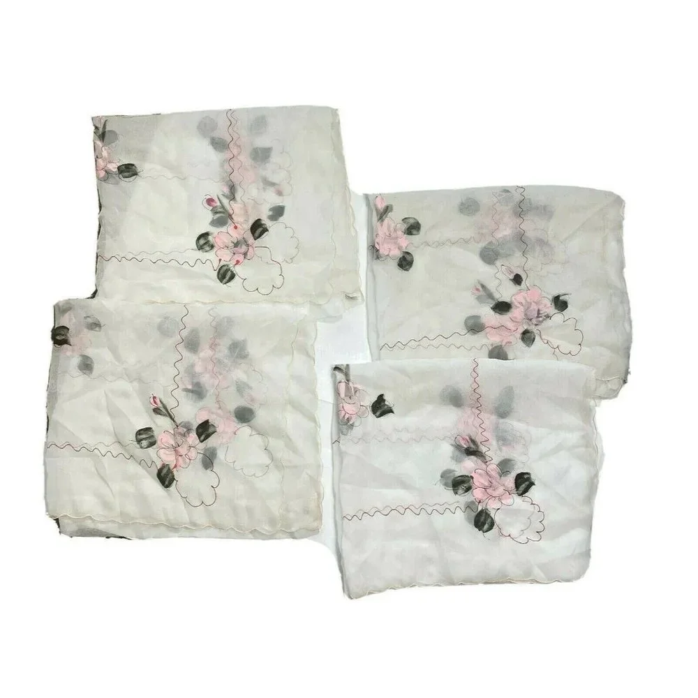Vintage 1960s Sheer White Valances Curtains 4 Made Japan Hand Painted Pink Red